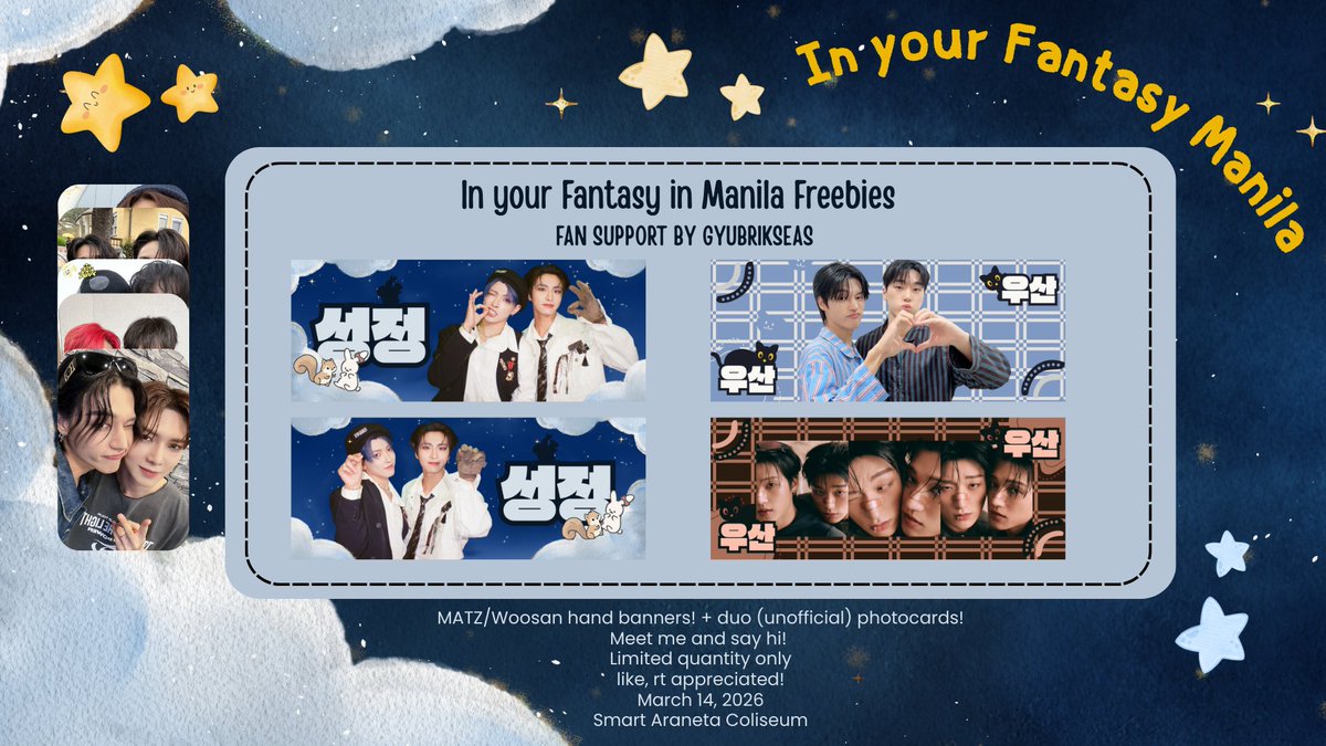 ATEEZ IN YOUR FANTASY IN MANILA ☆ Fan Support by <a href="/gyubrikseas/">Nini | is seeing ateez</a> 

like &amp; rt, follow (optional)
1:1 (vv lim qty for banners) 
(time and loc tba) 
open for trades!

see u filo atinys!!!!!!!!! 

#InYourFantasy_MNL #ATEEZinManila #ATEEZ #에이티즈