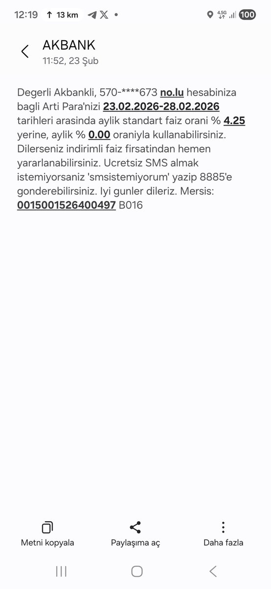 Değerli <a href="/Akbank/">Akbank</a> <a href="/AkbankDestek/">Akbank Destek</a> %0 faiz ile Artı Para kullanabilirsin diye SMS atıyorsunuz ama uygulamaya girdiğimizde oran yine 4.25 gözüküyor. Konu hakkında yardımlarınızı talep ediyorum.