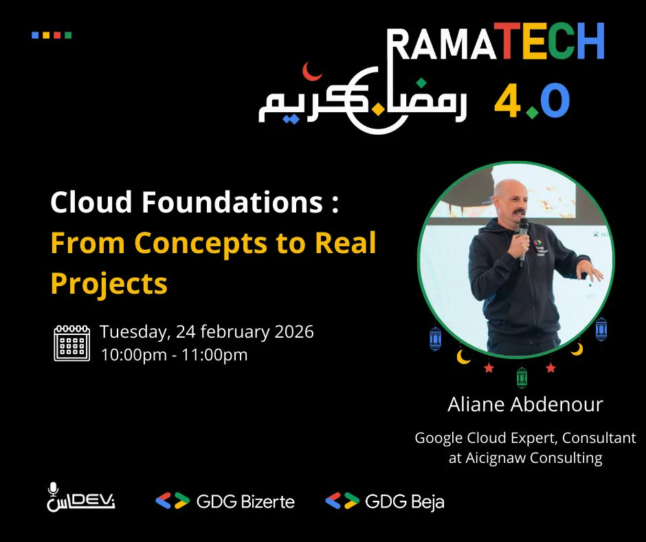 ☁️ Cloud Foundations: From Concepts to Real Projects
With Google Cloud GDE ALIANE Abdenour
 📅 24-02-2026 | 🕙 10 PM
A Ramatech session by GDG Beja × DevNass Community
join now : forms.gle/FZyLfymDPjVE8N…
#Ramatech  #GDGBeja #DevNass