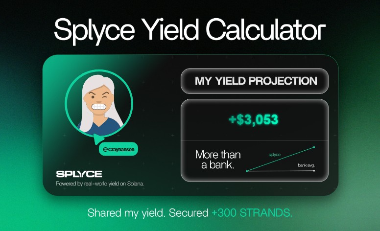 Crayhansen's tweet photo. Just tested the real-world yield calculator from @SplyceFi.

My numbers came out +2,928.23% higher than leaving it in a bank.

Check yours: https://t.co/NQhgyFTYB1 https://t.co/51aYuY2orP