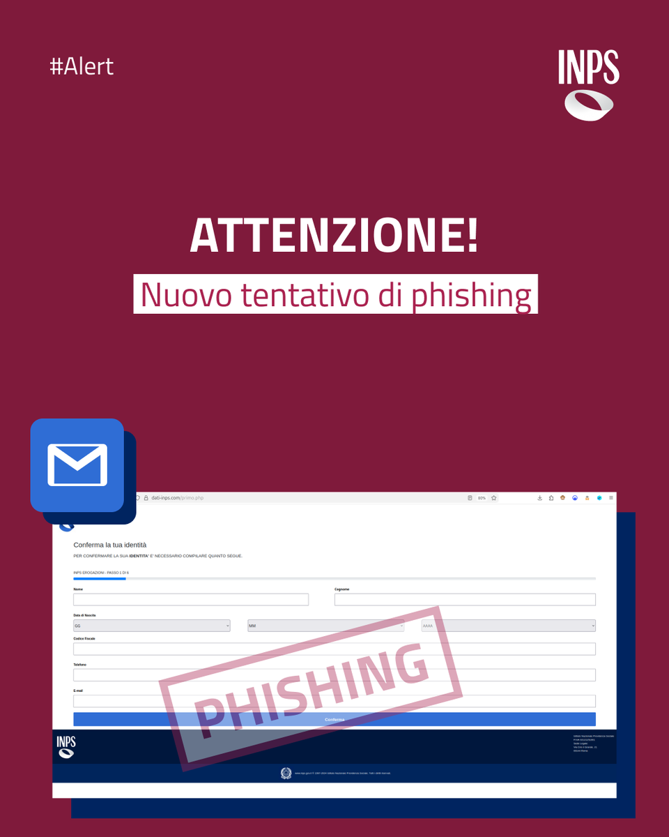INPS_it's tweet photo. ⚠️È in corso un nuovo tentativo di truffa con l'utilizzo del seguente dominio:
🔴hxxps[://]dati-inps[.]com
Non cliccate sui link e non fornite nessun dato!
Inps Comunica https://t.co/t8QK7UhmNt