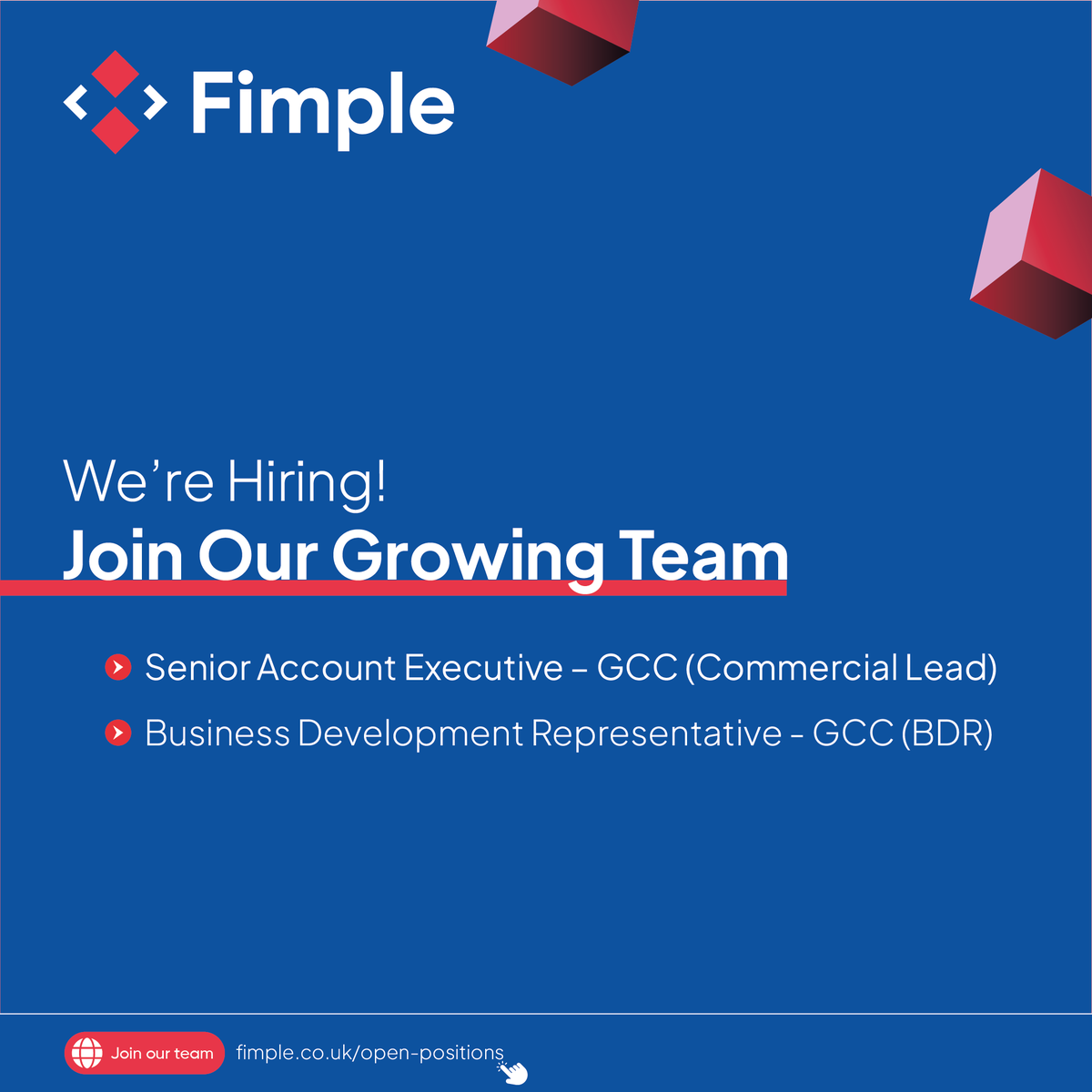 Fimpleos's tweet photo. We’re Hiring in the GCC!

As part of our regional growth strategy, we’re expanding our commercial team across the GCC.

We are currently looking for:

🔹 Senior Account Executive

🔹 Business Development Representative (BDR)

If you have experience in fintech, digital banking, core banking solutions, or enterprise SaaS sales and you understand the dynamics of the GCC financial sector; we’d love to connect.

If you’re driven, consultative, and ready to grow within the digital banking space, apply now.

Explore our open roles and apply today: https://t.co/Q8ieAKhaKF

#Hiring #GCCJobs #FintechCareers #BankingJobs #BusinessDevelopment #SalesCareers #DigitalBanking