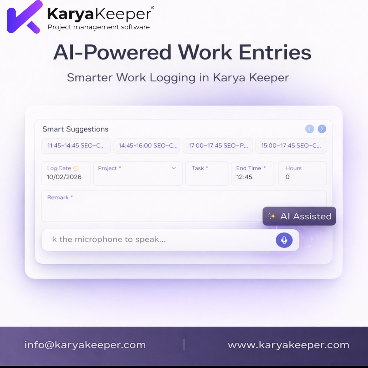 KaryaKeeper's tweet photo. Meet AI-Powered Work Entries — Smarter Work Logging in Karya Keeper.

Stop spending time on manual logs. AI now generates task-aligned, structured work entries in seconds — improving accuracy, consistency, and reporting clarity.

Explore: https://t.co/w8t6E6xMDe #TimeTracking https://t.co/ZCiokFVPAP