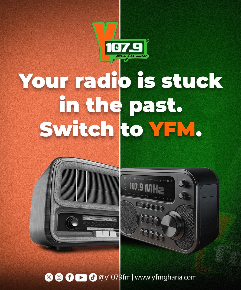 Y1079FM's tweet photo. From dusty dials to digital vibes, it’s time to level up.
Tune in to Y107.9FM for all the great vibes 🎶💚🧡
#SwitchToYFM #1079Vibes #YearnForMore
#YFMGhana 🎧✨ https://t.co/rVrPUyHhyB