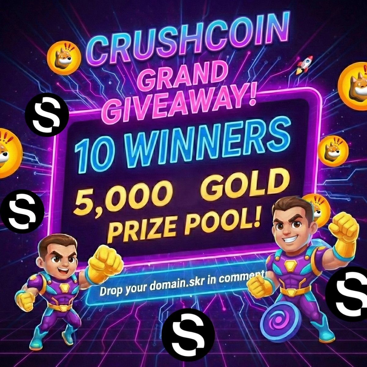 🏆 10 WINNERS! PRIZE POOL OF 5000 GOLD! 🏆
We will select 10 lucky winners who will receive 500 GOLD each to accelerate their journey in CrushCoin! 💎✨
How to participate: 
1️⃣ Like and retweet this post 🔄 
2️⃣ Indicate your domain.skr in the comments 👇 
3️⃣ You must be level 21+