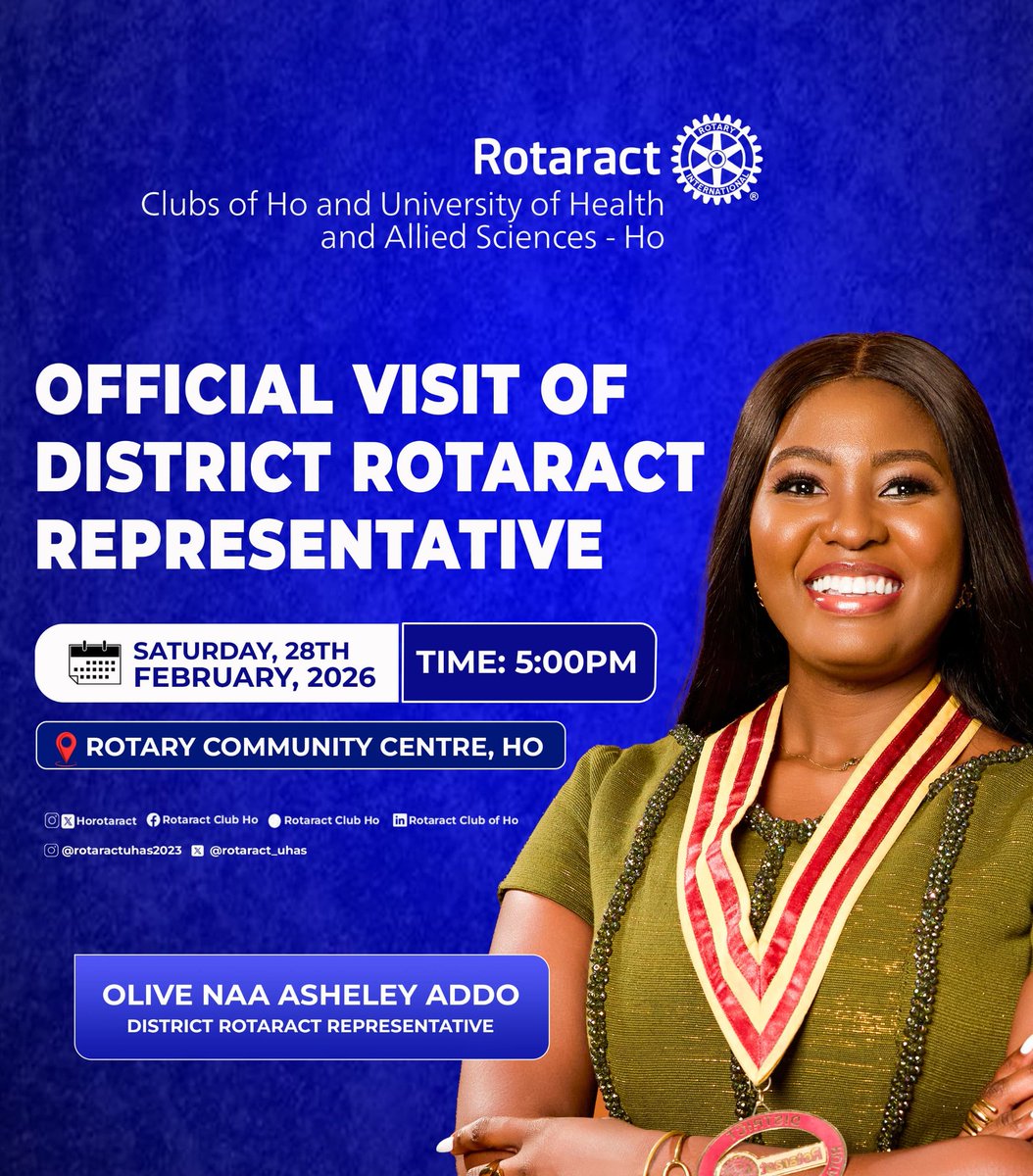 We’re honored to host our District Rotaract Representative, Rtr. Olive Naa Asheley Addo, for her Official Visit to Rotaract Ho &amp; Rotaract UHAS-HO 💙

📅 Feb 28, 2026
⏰ 5:00 PM
📍 Rotary Community Centre, Ho

#DRRVisit #RotaractHo #RotaractUHAS #PeopleOfAction