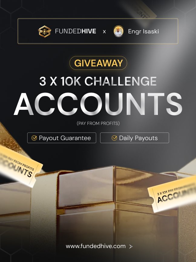 🎁 GIVEAWAY 🎁 

3X $10,000 PFP Accounts

Rules:
🟠 Must Follow <a href="/FundedHive/">FundedHive</a> <a href="/thomas_heinfart/">Thomas Heinfart</a> and <a href="/Isabelloisa1/">Engr Isaski</a> 

🟠 Like, Retweet and Tag 3 Traders

🟠 Must Join discord: discord.gg/tradinghive

🟠 Must register here: fundedhive.com/?ref=IIZQ4K3HYY 

Winners in 72H