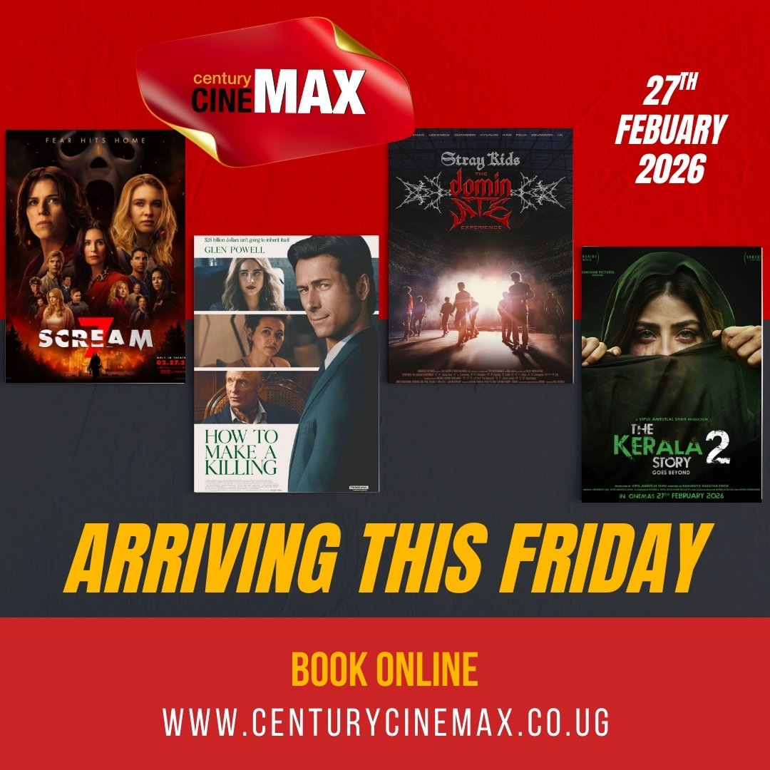 CinemaxUg's tweet image. Get your popcorn ready! This Friday, February 27, 2026, the big screen at @CinemaxUg is heating up with a fresh batch of blockbusters. 

Visit our website  &amp;amp; book your tickets 🎟 now. centurycinemax.co.ug 

#Scream7 #HowToMakeAKilling #StrayKids #TheKeralaStory2GoesBeyond