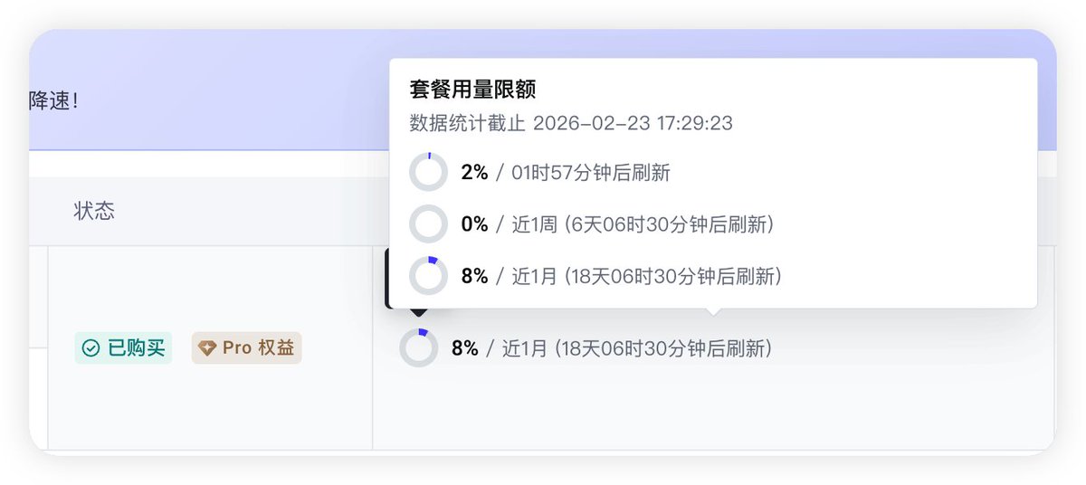 这个春节在OpenClaw上几乎把国内各家的coding plan都试了一遍，体感差异还是蛮大的：

✅ Kimi 官方 coding plan，用起来最舒服，意图理解的到位，出错概率小。已经从入门套餐升级到了199版本，是主力模型。高负载用了1小时，才到5小时限额的5%（图1）。

✅ GLM 官方 coding