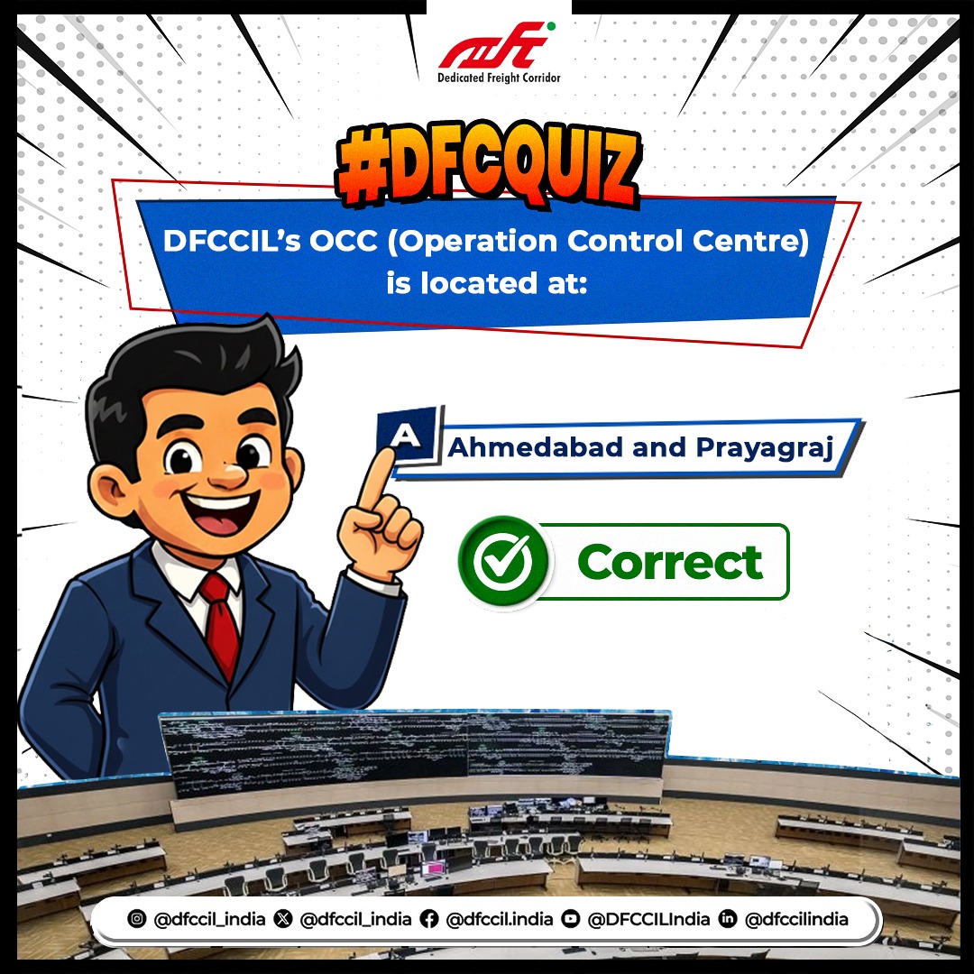 dfccil_india's tweet photo. Thanks for participating in #DFCQuiz!
The correct answer is: A — Ahmedabad and Prayagraj 🚆
Stay tuned for more quizzes and insights from the #DedicatedFreightCorridor.
Follow us and keep learning!
#DFCCIL #AnswerReveal #FreightTrivia https://t.co/RQmc7gQBgW
