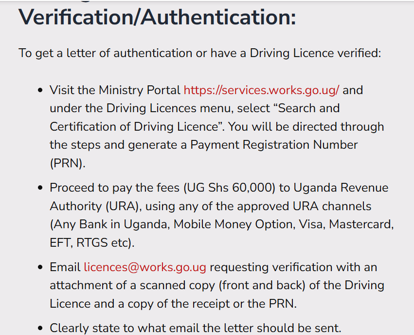 ATTENTION‼️ 
To verify a Driving Licence, please email a scanned copy to licences@works.go.ug. 
Visit udls.co.ug/contacts-us/ for ways to contact us.
For enquiries, call us on 0800211002
