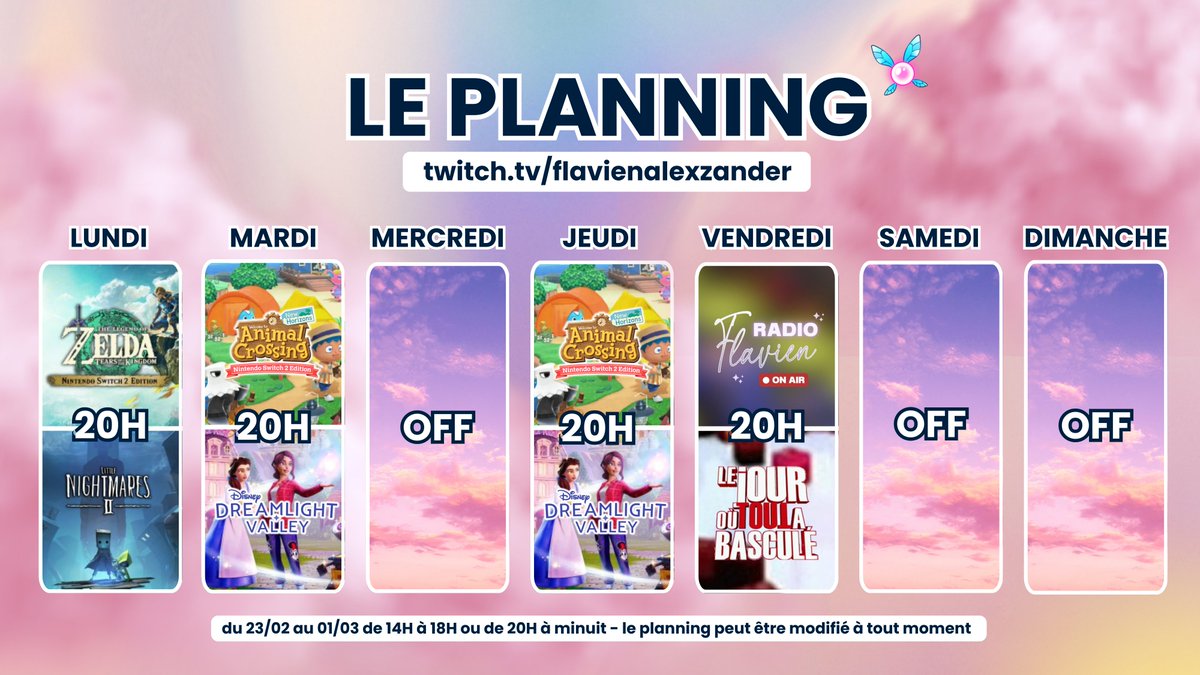 - Programme Twitch de la semaine ✨

Avec la suite de Zelda : TOTK et de Little Nightmares II ainsi qu'une super soirée commu vendredi avec RADIO Flavien "Je lis votre avenir" 🔮

twitch.tv/flavienalexzan…