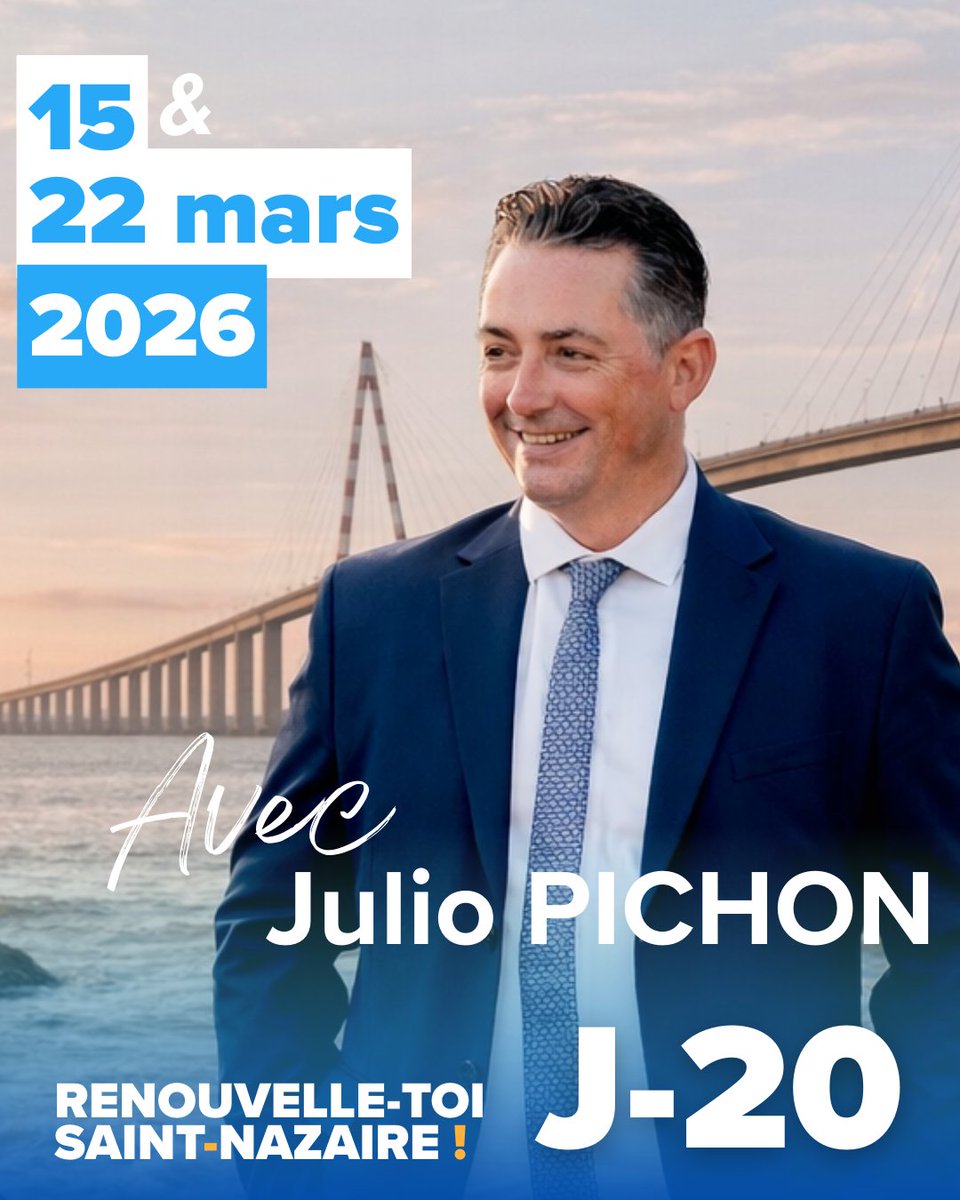 J-20 avant le 1er tour des élections municipales.

L’occasion de choisir de nouvelles méthodes de travail, un véritable renouveau communal et une ville qui rayonne à nouveau.

🟨 Renouvelle-toi Saint-Nazaire !
#SaintNazaire #Municipales #RN #UDR