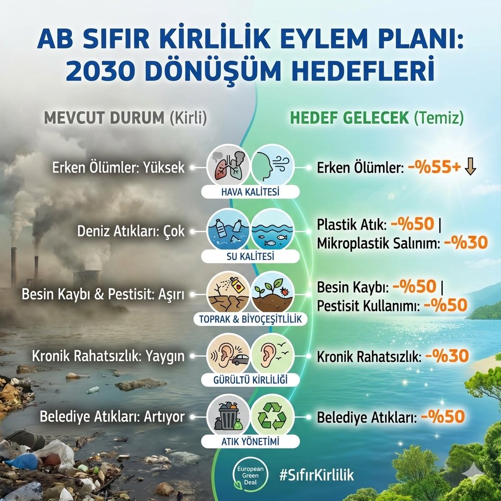 dogaldenged's tweet photo. AB’nin "Hava, Su ve Toprak için Sıfır Kirlilik Eylem Planı", Avrupa Yeşil Mutabakatı'nın (European Green Deal) temel mantığı, kirliliği oluştuğu noktada durdurmak ve temizleme maliyetlerinden ziyade önlemeye odaklanmak. 
2030 yılı hedefleri: https://t.co/SxgYv8oAZ9
