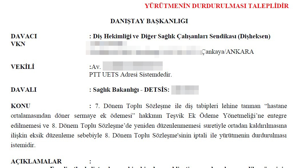Değerli meslektaşlarımız,

DİŞHEKSEN SENDİKASI olarak; İlçe Devlet Hastaneleri, Eğitim ve Araştırma Hastaneleri ile Şehir Hastanelerinde görev yapan diş hekimlerinin, 8. Toplu Sözleşme ile ortadan kaldırılan "hastane ortalamasından teşvik ek ödemesi alma hakkına" ilişkin davamızı