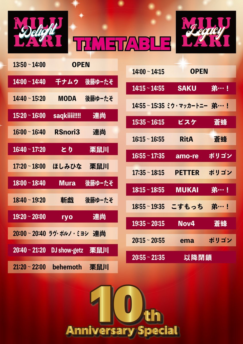 今週末です！#ミルラリ10周年
タイムテーブルを公開します！
ツイプラも不具合治りましたので参加表明お待ちしています
最高の時間を最高の演者さんと最高のお客さんですごしましょう！

『MILULARI10周年-10th Anniversary Special-』 

参加表明はこちら！
twipla.jp/events/715007

入場料
当日