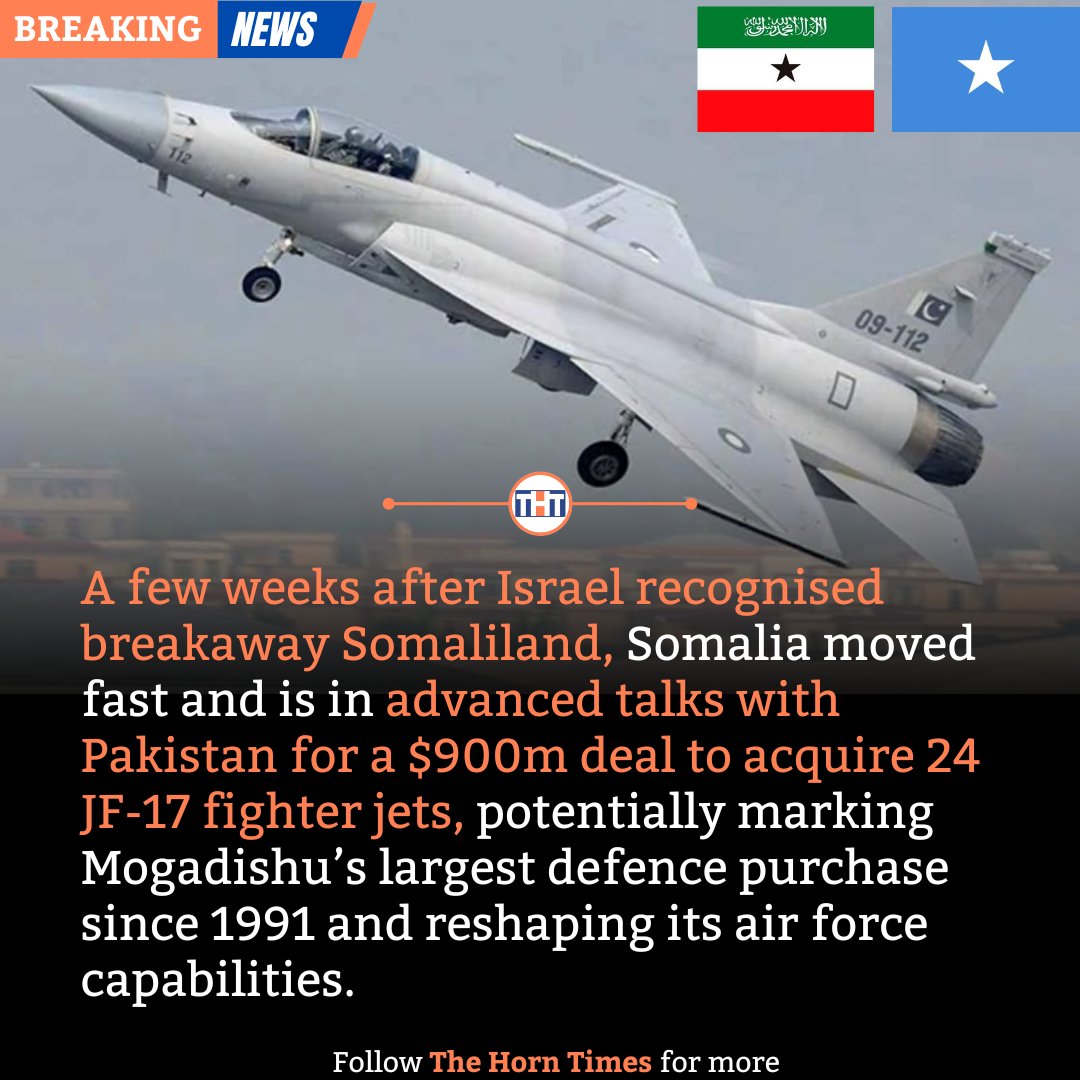 Somalia is reportedly in advanced talks with Pakistan for a $900m deal to acquire 24 JF-17 fighter jets, marking its largest defence purchase in decades.

#Somalia #Pakistan #Defence
