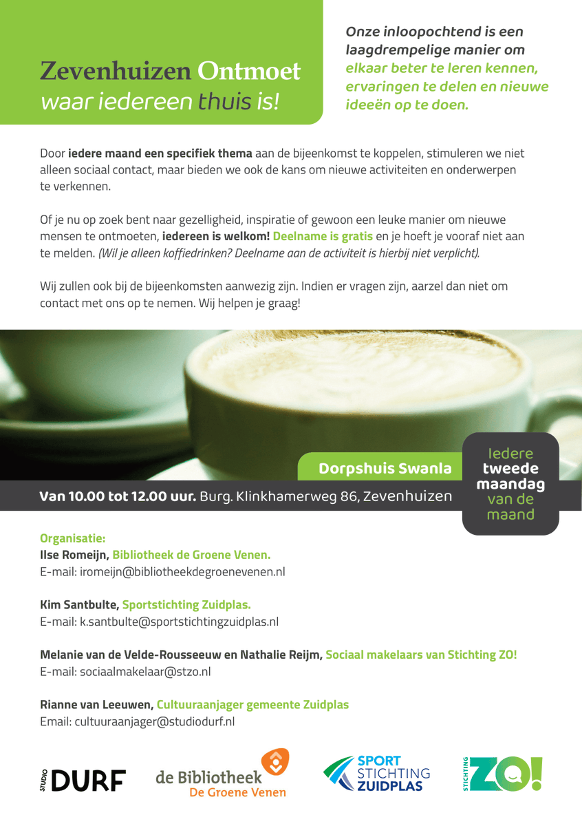 stichtingzo's tweet photo. De officiële opening van #Zevenhuizen Ontmoet is op maandag 9 maart om 10.00 uur bij Dorpshuis Swanla. Iedereen is welkom om de opening mee te vieren. Er is koffie en thee, iets lekkers en alle gelegenheid om kennis te maken en de sfeer te proeven. https://t.co/JOmuea2IBy https://t.co/aFceIKTSrS