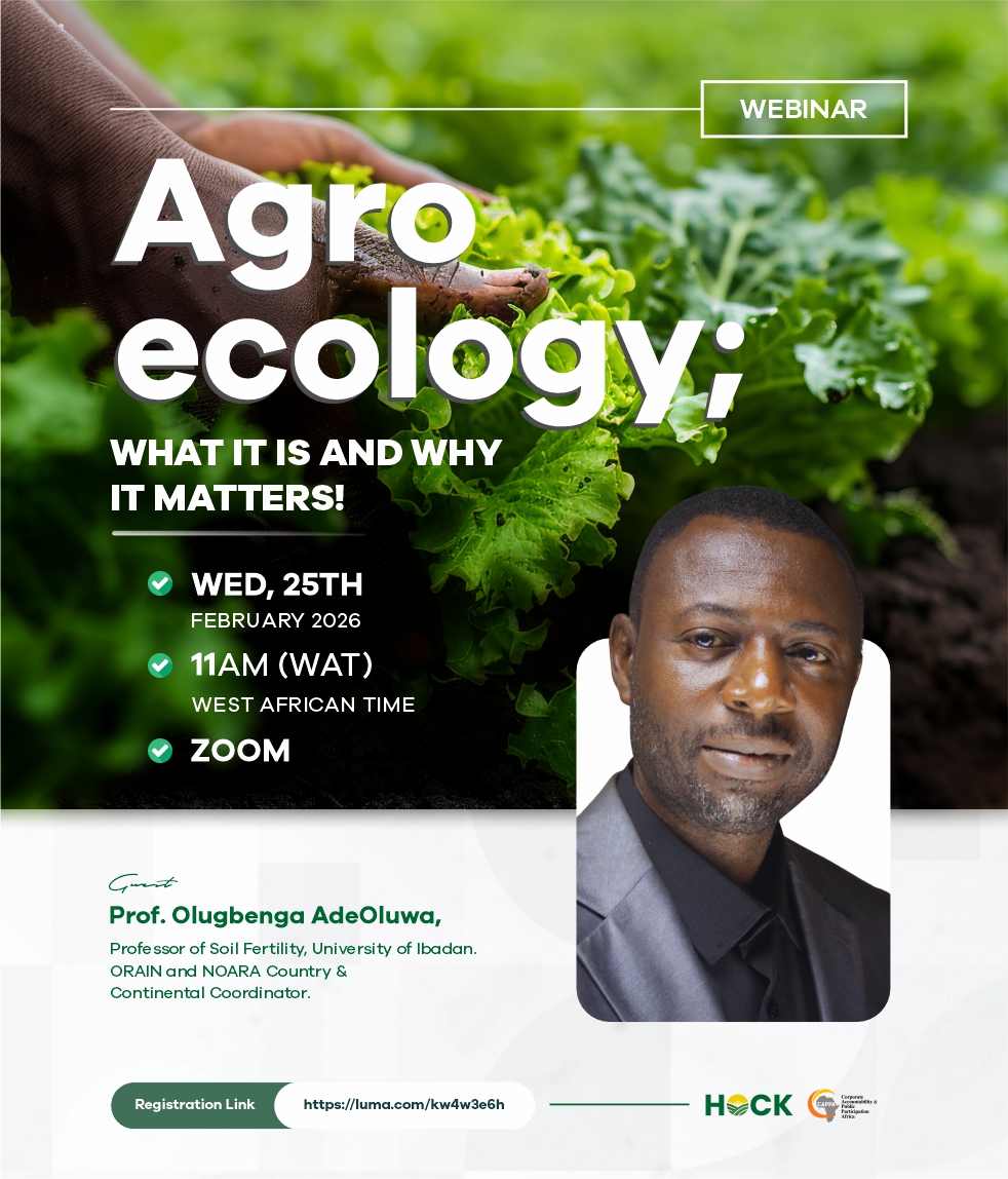 What is Agroecology, and why does it matter? 

Find out at our upcoming webinar!

🗓 25 Feb, 2026
⏰ 11AM (Lagos)
💻 Zoom

Register Here: luma.com/kw4w3e6h