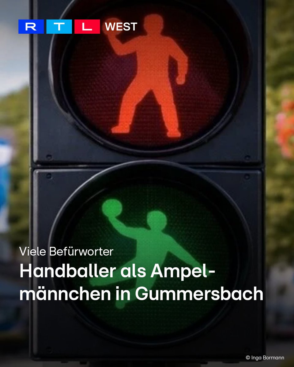 RTLWEST's tweet image. Könnte es in #Gummersbach bald Handballer als #Ampelmännchen geben? Die Lehrerin Inga Bormann hatte während der Europameisterschaft die Idee dazu. Sie generierte ein Bild mit KI und startete eine #Petition. Die wurde mittlerweile von über 1.300 Menschen unterschrieben. Der VfL