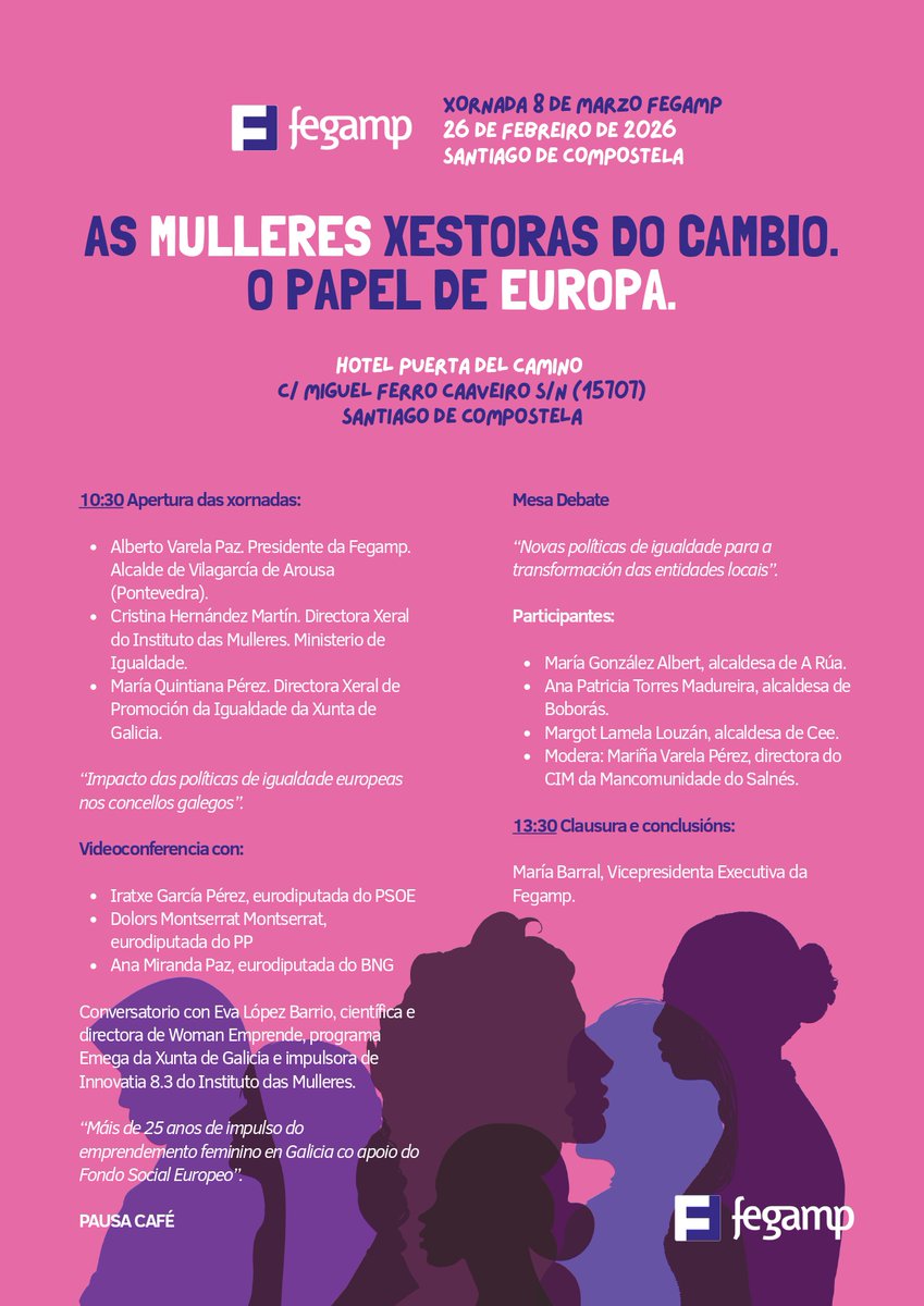 FEGAMP's tweet photo. 🟣“As #mulleres, xestoras do #cambio. O papel de #Europa
Encontro de #alcaldesas e #concelleiras da @FEGAMP onde abordarán boas prácticas e propostas de futuro vencelladas coas políticas de #igualdade locais e europeas
➡️Máis info en #Instagram #Linkedin #FEGAMP https://t.co/EzDVp8F4vu