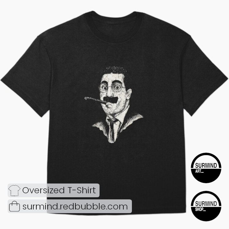 surmindshop's tweet photo. Own the iconic leer and cigar-chomping genius of the "One and Only" with this unique Groucho Marx portrait art oversized t-shirt. 👓💨
SHOP: https://t.co/02FlVuIu67
#GrouchoMarx #MarxBrothers #Vaudeville #ComedyIcon #ClassicHollywood #Redbubble #VintageComedy #Legend https://t.co/rzL3t9J2rD