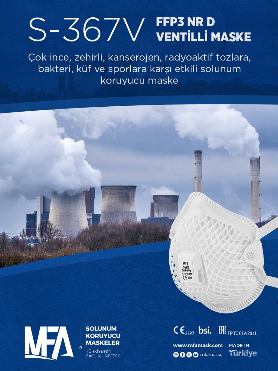 S-367V FFP3 NR D Ventilli Maske, çok ince boyuttaki zararlı partiküllere, metal tozlarına, bakteriler ve sporlar gibi tehlikeli aerosollere karşı yüksek filtrasyon performansı sunar. FFP3 koruma sınıfı, havadaki küçük partiküllerin solunum sistemine ulaşmasını engeller.

#MFA😷