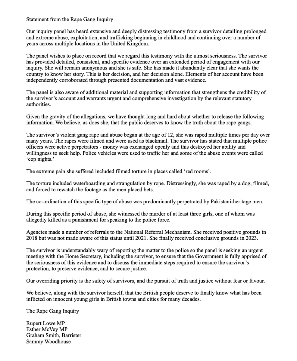 🚨OH MY GOD. THEY'RE TORTURING KIDS 🚨

⚠️Distressing Content Warning

HOW CAN THIS BE ALLOWED TO HAPPEN? 
WHY ARE THE MEDIA IGNORING IT?

A statement from the Rape Gang Inquiry that is harrowing beyond belief

- Police involved
- Torture rooms
- Filmed evidence
- Murdered girls