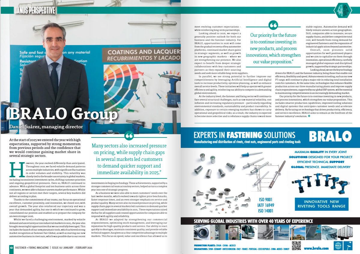 BRALO_es's tweet image. BRALO appears in the February edition of @FastenerFixing Magazine.
We continue strengthening our commercial responsiveness, optimising stock management, and reinforcing our reputation for high-quality products and reliable service.
@BRALO_es #Fasteners #Blindrivets #Industry