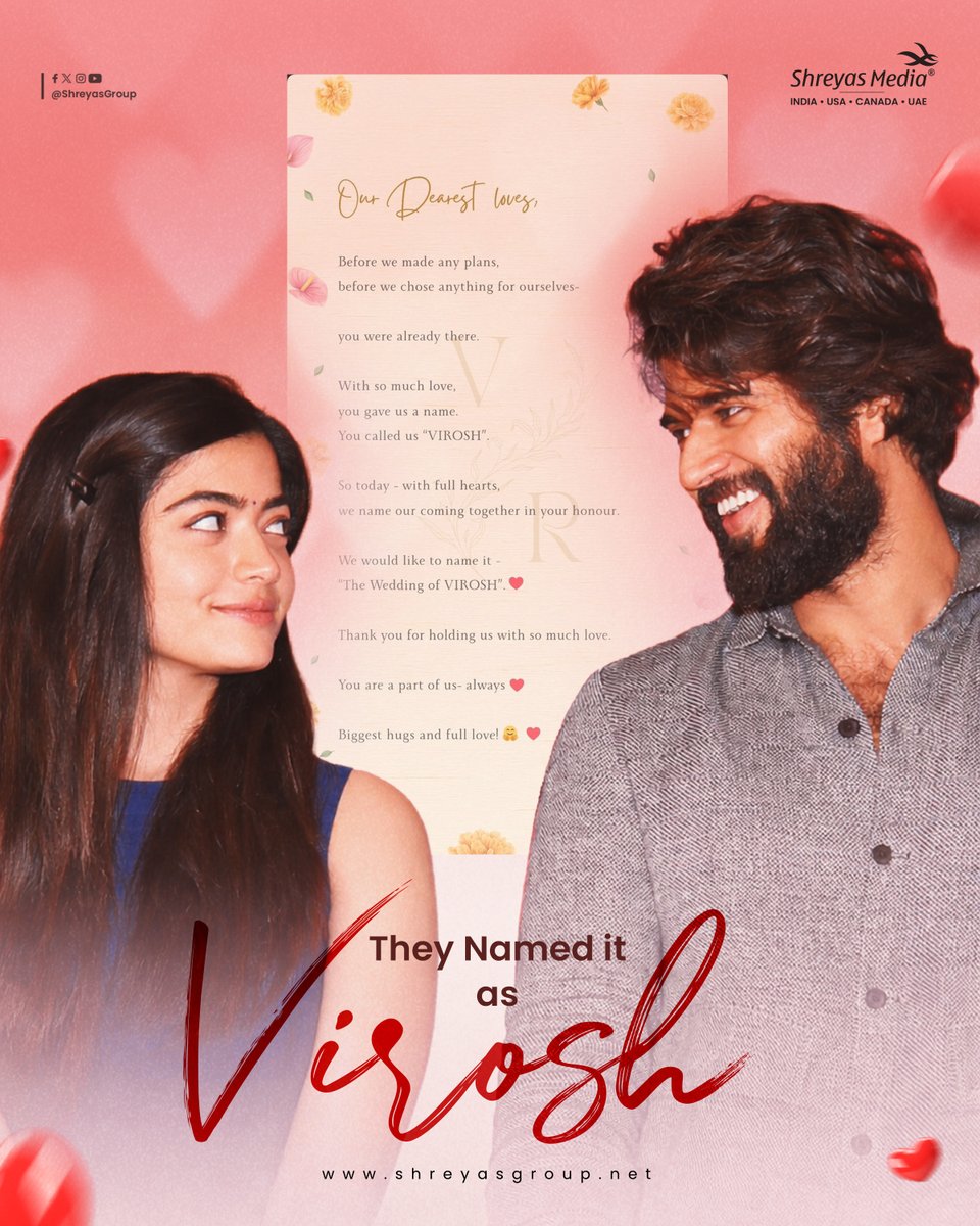“The Wedding of Virosh” 🤩

Hero <a href="/TheDeverakonda/">Vijay Deverakonda</a> &amp; Actress <a href="/iamRashmika/">Rashmika Mandanna</a> stepping into a beautiful new chapter together, marking the beginning of a journey filled with Love, Dreams and Endless Togetherness.❤️‍🔥

#VijayDeverakonda #RashmikaMandanna #Virosh #VijayDevarakondaRashmika