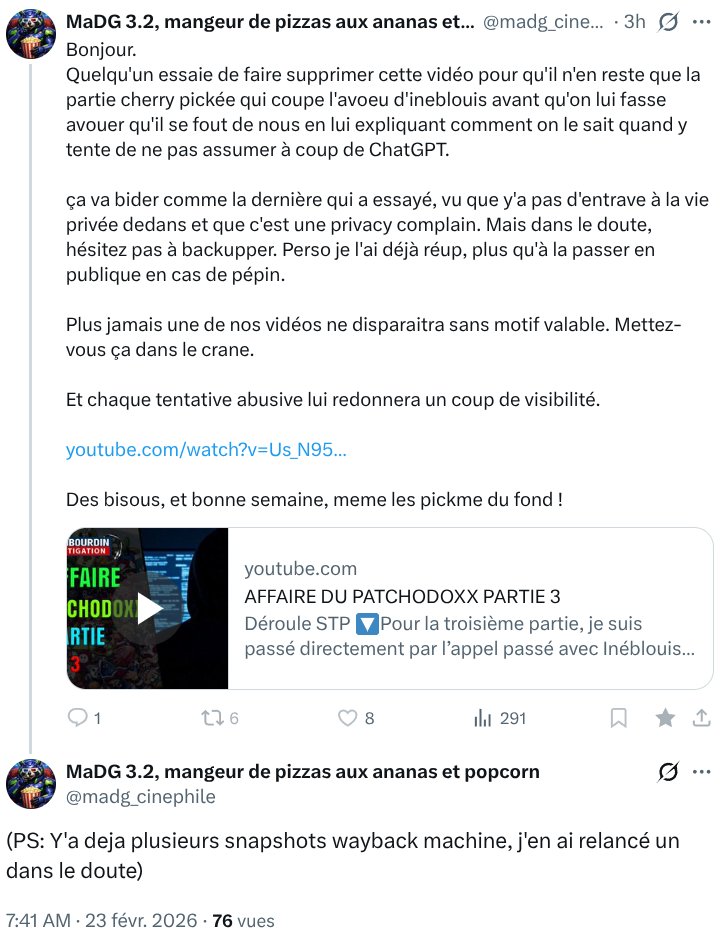 Ça me fend le cœur de voir <a href="/madg_cinephile/">MaDG 3.2, mangeur de pizzas aux ananas et popcorn</a> penser que la Wayback Machine sauvegarde les vidéos YouTube 🥹 Quelqu'un a le courage de lui expliquer ? J'aimerais pas qu'il soit déçu... Au pire, dites rien, nous on demande une preuve 👇