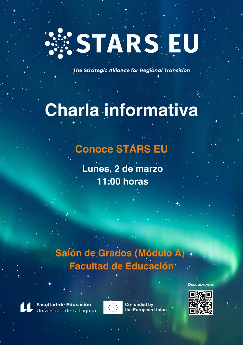 ULL's tweet photo. 🌍 ¡Atrévete a llegar más lejos!

Vente el próximo lunes 2 de marzo a conocer toda la información que necesites sobre la alianza @STARS_EU_, en la que se integra la #ULL, y que te ofrece un mundo de posibilidades.

¡Te esperamos a las 11:00 horas en el Salón de Grados (Módulo A) de la @FacultadEducUll! 😉

📱 https://t.co/aYjuNCtTwp