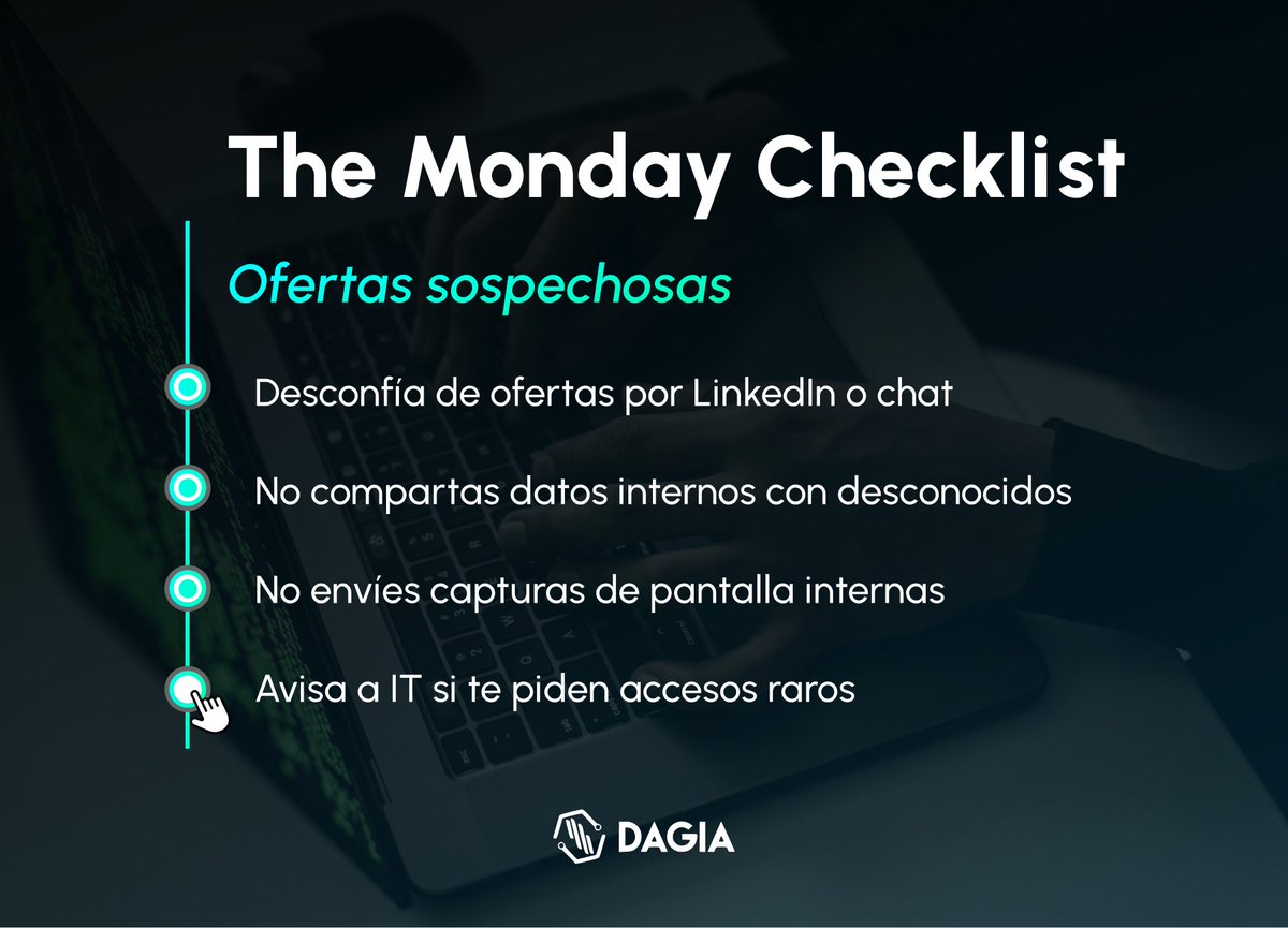ProyectoDAGIA's tweet photo. Las ofertas inesperadas en entornos profesionales pueden ser el inicio de un ataque de ingeniería social.

En #DAGIA, junto a INCIBE, Italtel, Apolo Cybersecurity, i2CAT, inLab FIB y Gradiant, analizamos cómo anticipar estos patrones antes de que deriven en un acceso indebido. https://t.co/g2NpPhSLRl