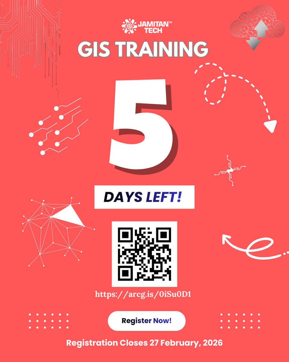 Jamitan_Tech's tweet photo. 5 Days. Final Stretch!

5 days before the door shuts.
Real tools. Real projects. Real upgrade.

Reg Closes Feb 27th | Starts Mar 2nd
Click here to register: https://t.co/GLi0LVrFf1

#GIS #CareerGrowth #Developmet #Geospatial #Learn https://t.co/IWvDl9tRRU