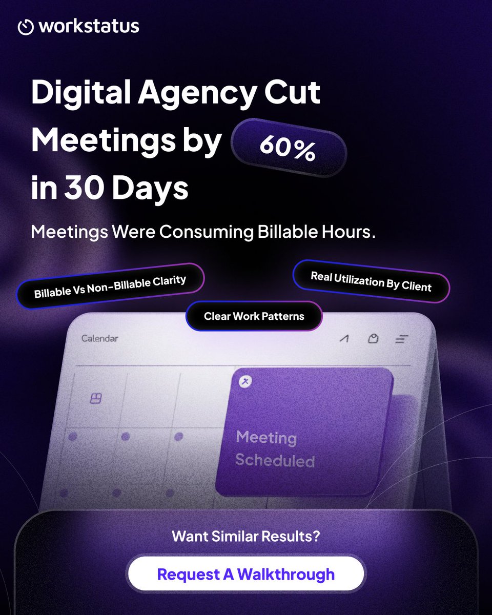 workstatusapp's tweet image. 1 hr daily standup in a 10-person agency = ~₹15L/year lost.

The problem? No visibility.

Switch to real-time #WorkIntelligence:
→ 60% fewer meetings
→ Clear billable tracking

Visibility protects margins.

Comment “DEMO” 👇

#AgencyOperations #DigitalAgency #BillableHours