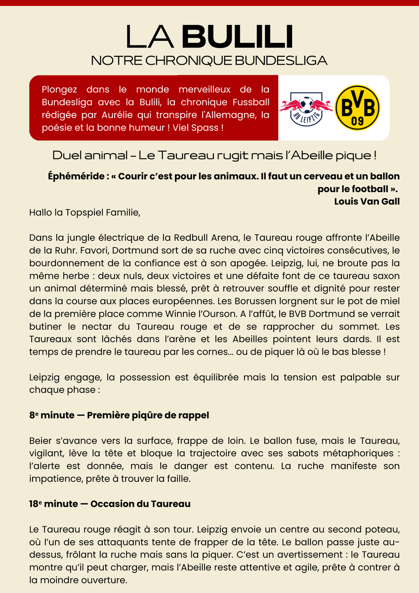 unserfussball's tweet photo. 😍Nouveau Lundi = Nouvelle Bulili

Aujourd'hui @MsAurelieBurns nous peint le duel de titans entre deux animaux connus de cette Bundesliga !

Alors qui de l'abeille ou du taureau a mieux réussi son match ? Bonne Lecture #BVB #RBLeipzig #RBLBVB https://t.co/54YRQSnPs8