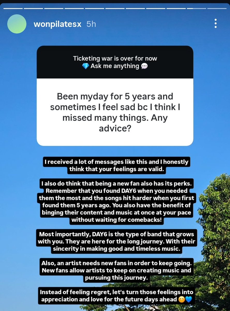 Suddenly I think remembered about wonpilatesnim said
I have been in this phase and sometimes Im not chronically on day6 only
But I know I still love them
And these quotes from her, its such a warm words