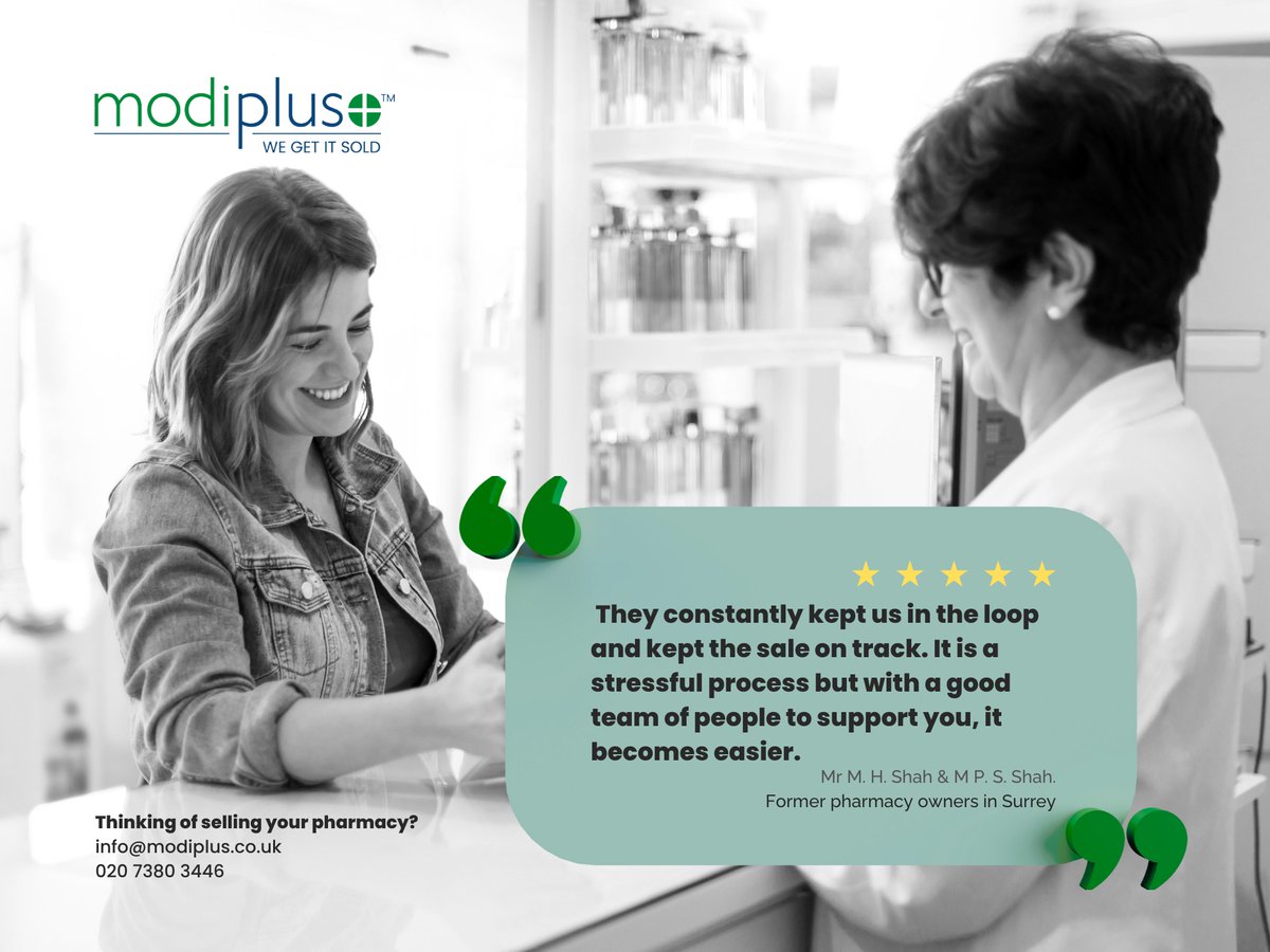 modiplus's tweet image. Join our happy clients and sell your pharmacy through Modiplus! 😀

Whether you want to retire or are ready for a change, we will guide you every step of the way. 🤝

Contact us by email info@modiplus.co.uk or telephone 020 7380 3446.

#Modiplus #WeGetItSold #CommunityPharmacy