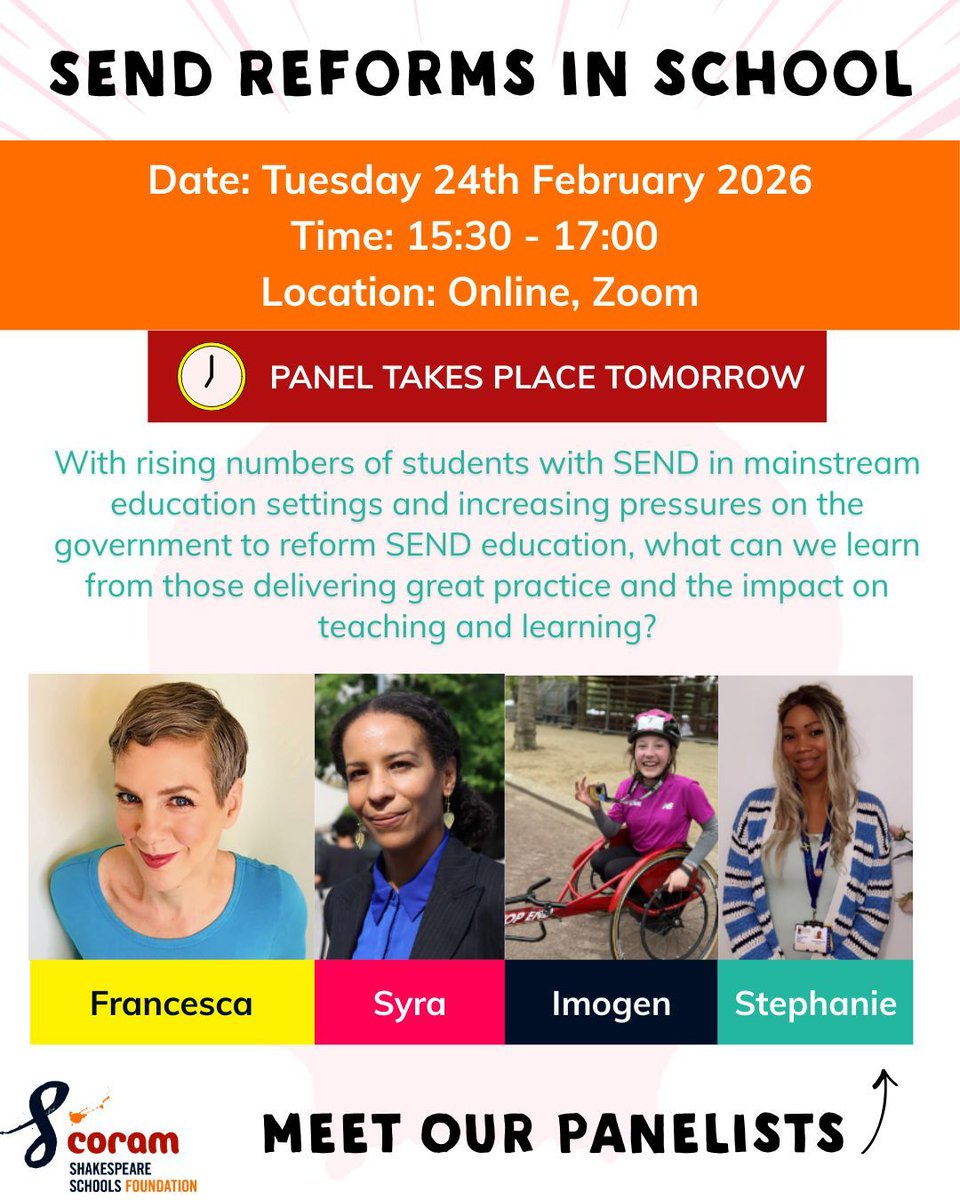 cssf_uk's tweet image. Our 'Send Reforms in School' panel takes place tomorrow. There is still time to sign up and join our incredible panelists Francesca, Syra, Imogen and Stephanie. 💻

Don't miss it. 3.30pm tomorrow via Zoom. 

🔗 Link to register: us02web.zoom.us/meeting/regist… 

#SEND #education #panel