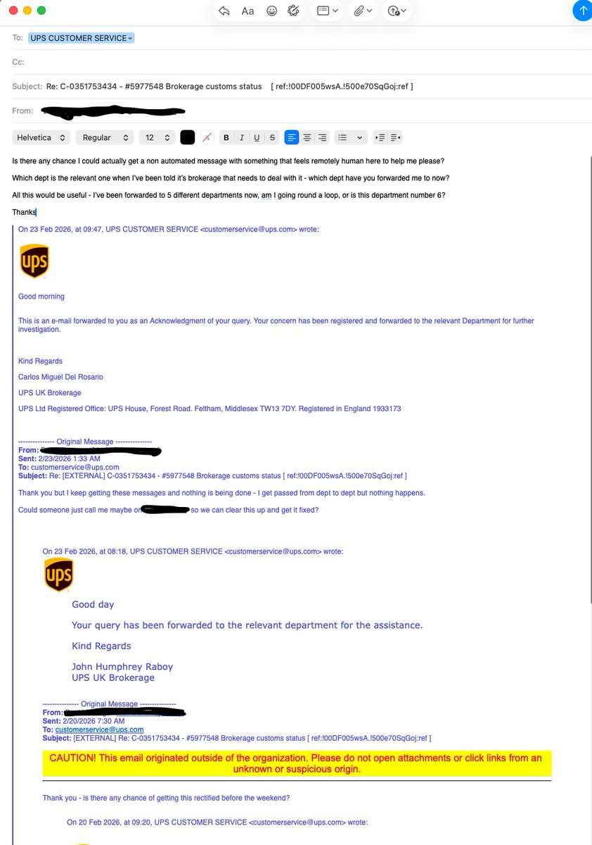 DubbsUK's tweet photo. @UPS This service is a complete shower of shit.  No one helping, passed from dept to dept, package just sitting there. I chose UPS as it used to be THE premier service to use. With modern systems this should NEVER happen - shows underinvestment and lack of customer care from you. https://t.co/lV5dqeWpm2