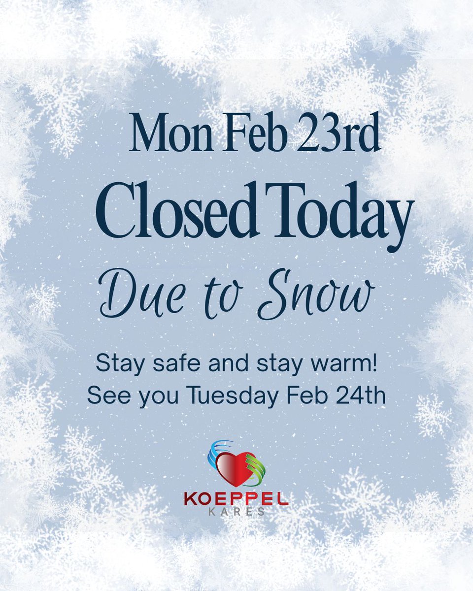 AutoKoeppel's tweet photo. Due to the blizzard and expected unsafe conditions, all Koeppel Auto Group locations will be closed on Monday, February 23. Your safety and our team’s safety come first. We will reopen Tuesday, 2/24. Stay safe, stay warm, and we’ll see you soon. ❄️ https://t.co/EDO0zsQxNY