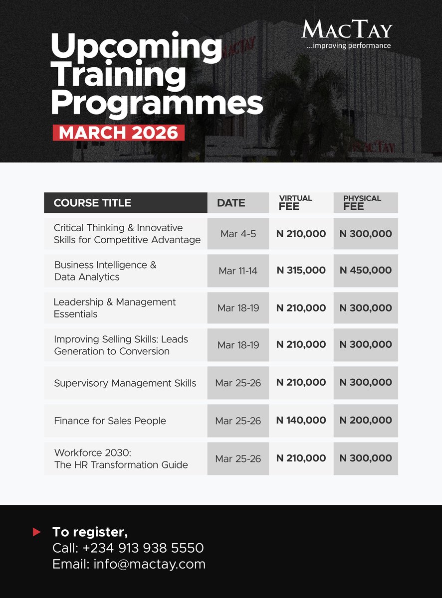 𝐌𝐚𝐫𝐜𝐡 𝟐𝟎𝟐𝟔 𝐓𝐫𝐚𝐢𝐧𝐢𝐧𝐠 𝐂𝐚𝐥𝐞𝐧𝐝𝐚𝐫

The organisations outperforming in 2026 invest deliberately in capability today. Our March programmes focus on skills driving competitiveness: critical thinking, business intelligence, leadership execution, sales performance,