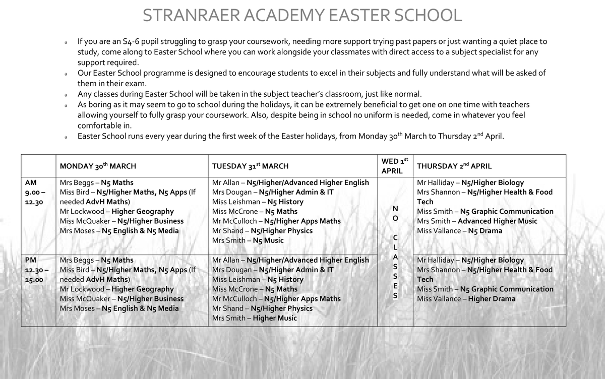 Easter School 2026 is back at Stranraer Academy!

S4–S6 pupils – whether you need help with coursework, past papers, or just a quiet space to revise, we’ve got you covered. No uniform, subject teachers on hand, and serious exam prep support.

30 March – 2 April.