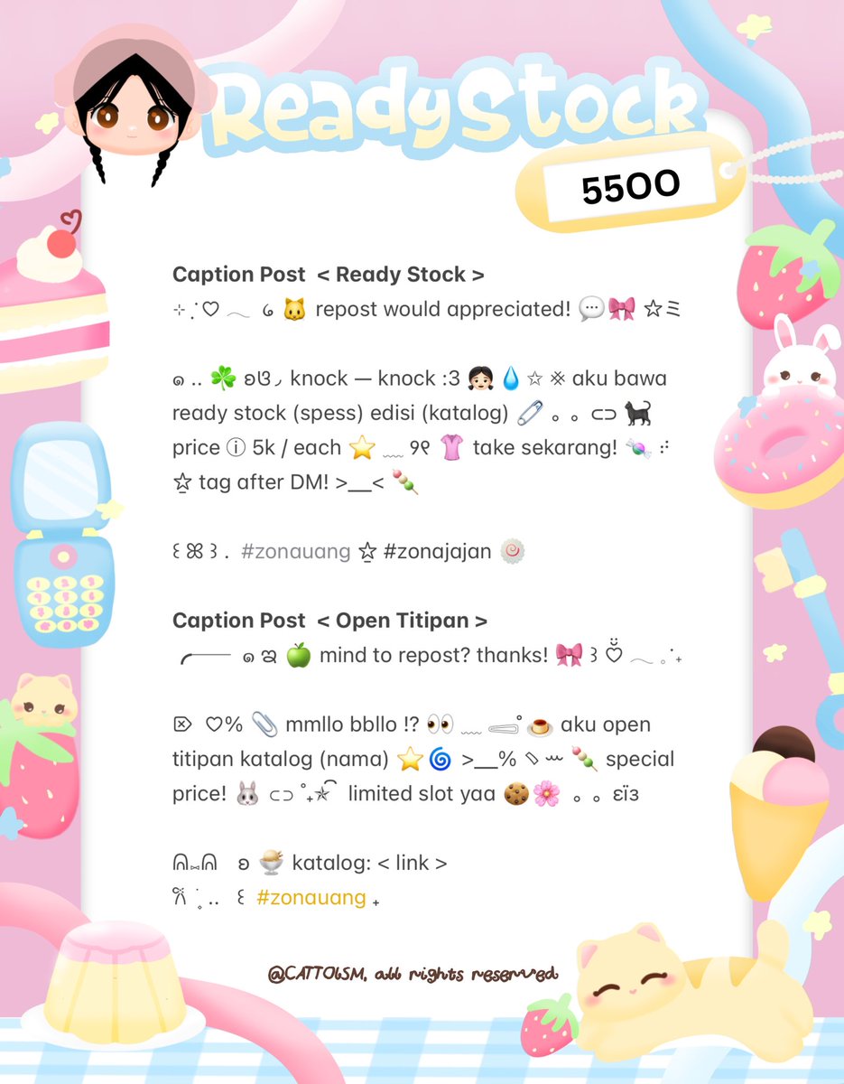 ⣠ ︵  ♥︎  help repost?  tysm <3 ⭐️🎀  𓂅

◠  ⢸⠀ alline ada 2 wording  caption  post    cute  ready  stock. . 🎶🍏  𓂃 . εїз   hanya  55OO.ᐟ.ᐟ  >___%   💬👧🏻   ▷  ketuk  DM  sekarang. . ✋🏻 ₊˚𓂂

☆ —— tap alt for more! . . 🐈💧
zonauang  %  zonajajan  %  zonaba