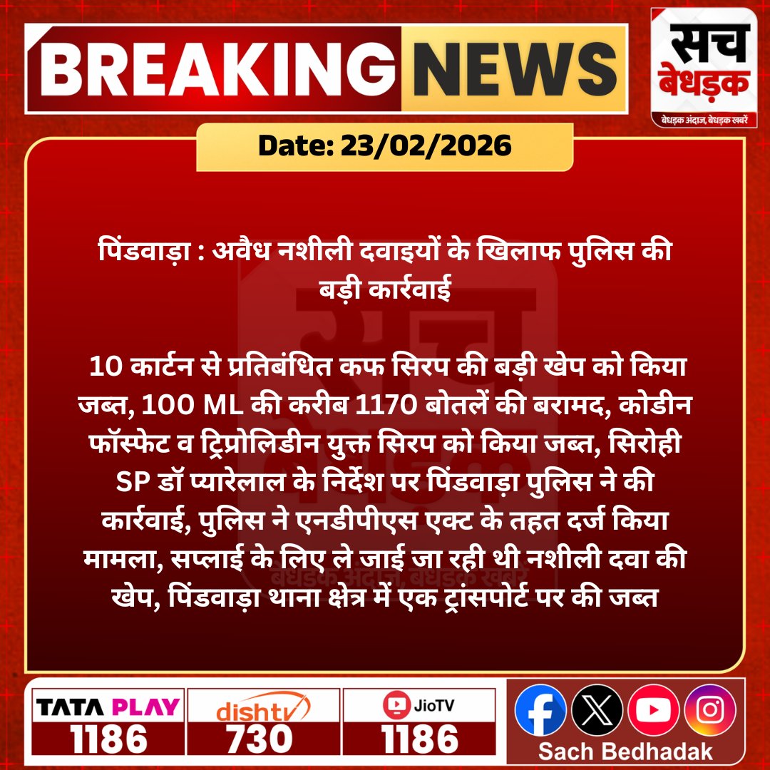 SachBedhadak's tweet photo. #सिरोही #पिंडवाड़ा : अवैध नशीली दवाइयों के खिलाफ पुलिस की बड़ी कार्रवाई, 10 कार्टन से प्रतिबंधित कफ सिरप की बड़ी खेप को किया जब्त...

@SirohiPolice #SachBedhadak #RajasthanNews #News #LatestNews #SBNews https://t.co/4CUI3A2uuV