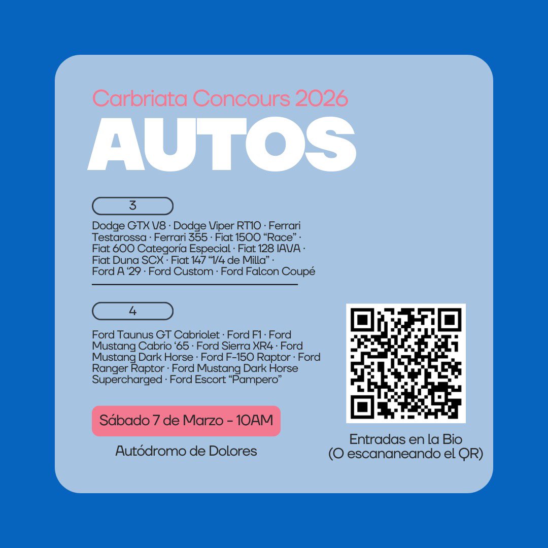LucasAbriata's tweet photo. YA ESTÁ LA LISTA OFICIAL DE AUTOS QUE SALDRÁN A LA PISTA EN EL CARBRIATA CONCOURS

Es mi evento que no te podés perder el sábado 7 de marzo en el Autódromo de Dolores.

Además, habrá 40 autos “sorpresa” de colecciones muy grosas (que van a definir luego que “joyas” traen). https://t.co/9w40yOEmPH