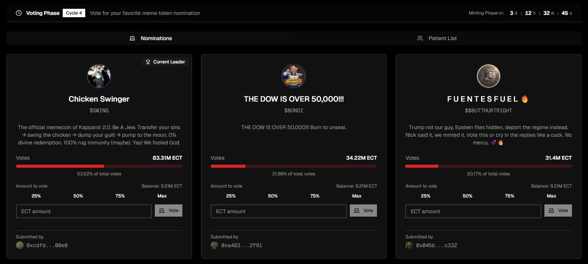 🚨With just over 3 days to go, here are the Top 3!🚨

Can $SWING Be Stopped?! 🐔

GO VOTE!🗳️
app.memeasylum.com/therapy