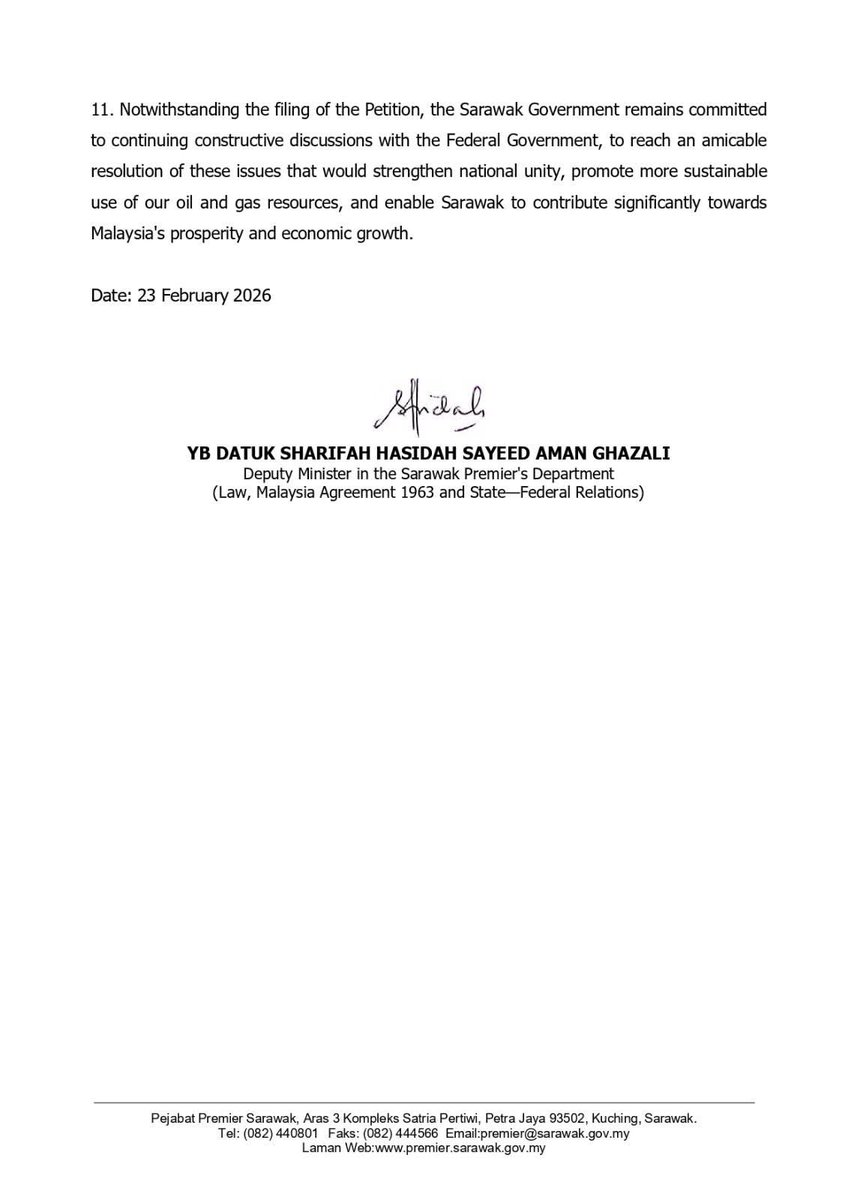 Kerajaan Sarawak hari ini memfailkan petisyen di Mahkamah Persekutuan bagi mendapatkan penentuan berhubung kesahihan perlembagaan serta keabsahan &amp; pemakaian berterusan Akta Pembangunan Petroleum 1974, Akta Pelantar Benua 1966 &amp; Akta Perlombongan Petroleum 1966 terhadap Sarawak.