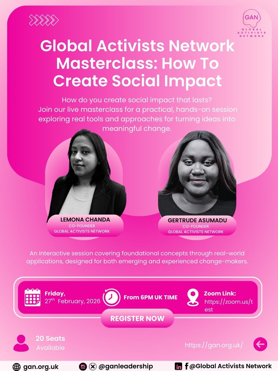 GanLeadership's tweet photo. The GAN #Masterclass Series launches its first edition with Lemona Chanda and Gertrude Asumadu.
👥 Open to changemakers globally
Register to attend: https://t.co/ejZ8XLmJXu
Spaces are limited — don’t miss out!
#SocialChange #SDGs #ImpactLeadership https://t.co/m85poam4Kk